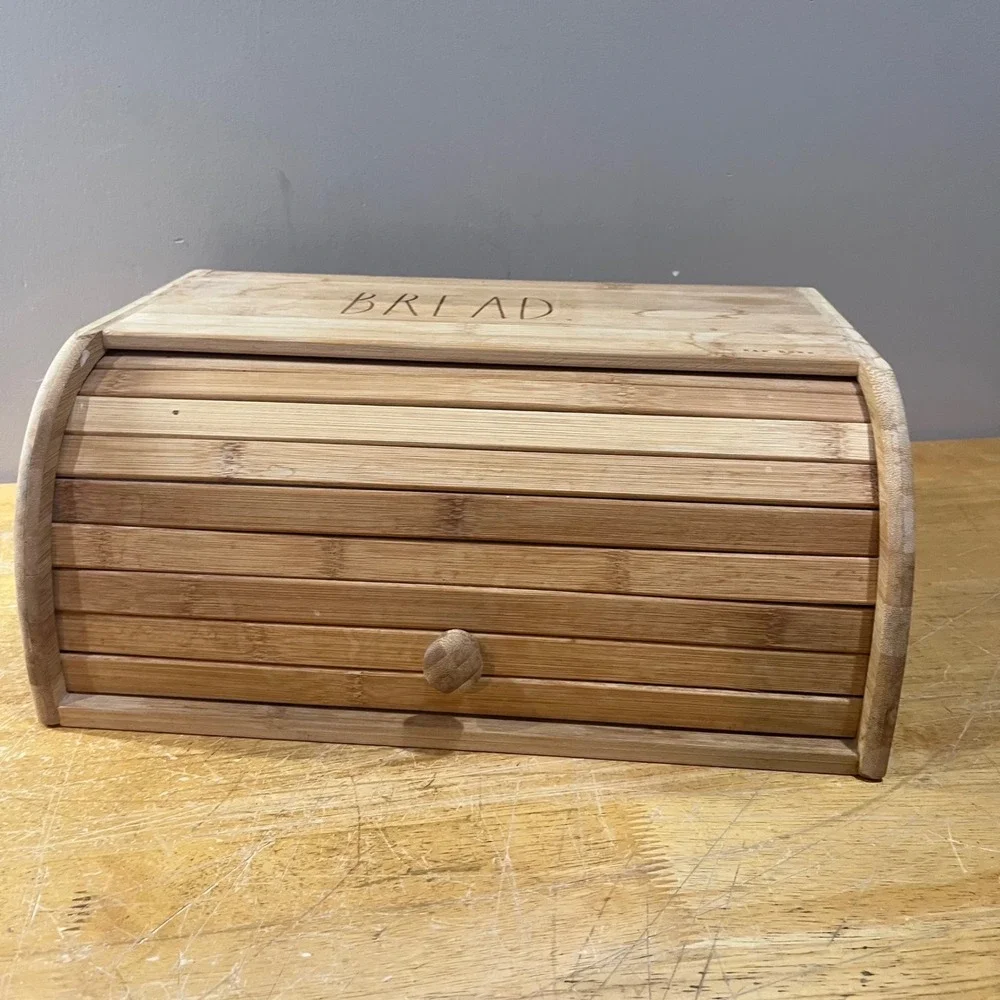 Rae Dunn Wood Bread Box Roll Top Farmhouse Kitchen Storage Natural Wood BREAD